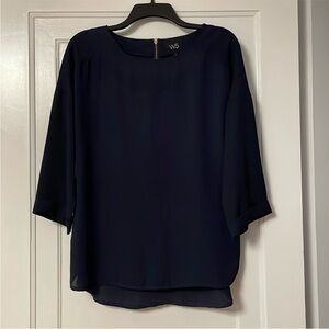 W5 Navy Blue Blouse Size L | Gold Zip Back| 3/4 Sleeve Cuffed |Flowy Lightweight